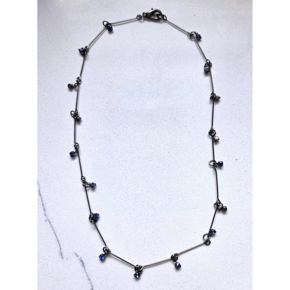 Gunmetal Blue Rhinestone Bar Link Necklace 16.5 Inch Minimalist Industrial Goth